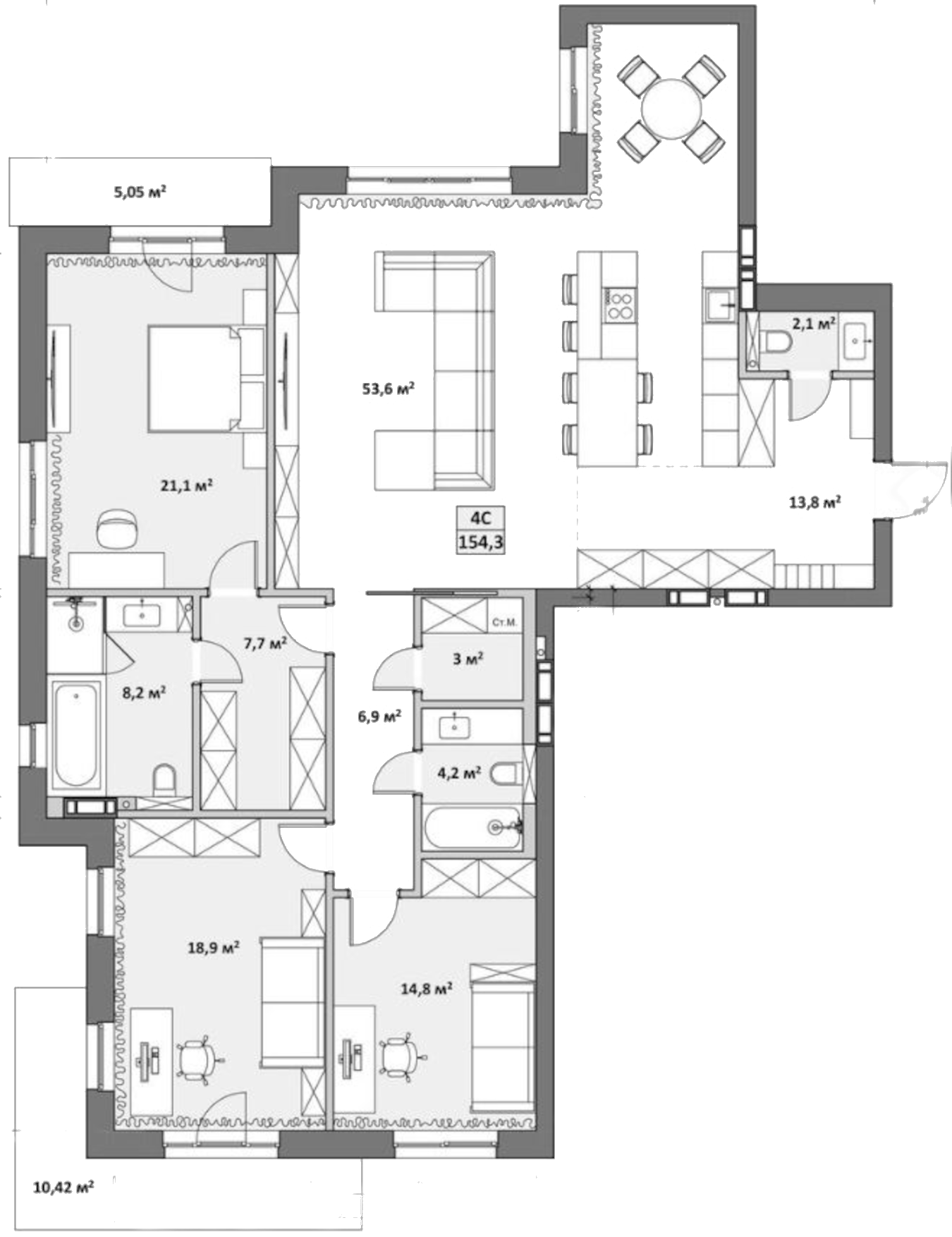 Планировка — Жуковка, 4-комн., 156 м²