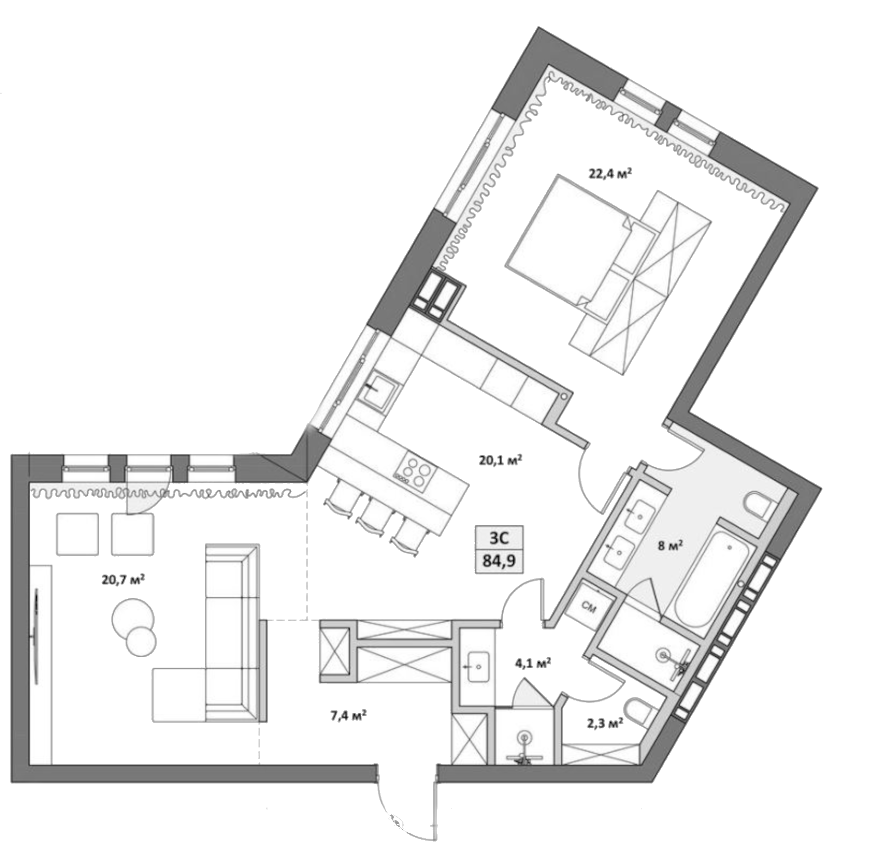 Планировка — Жуковка, 3-комн., 85 м²