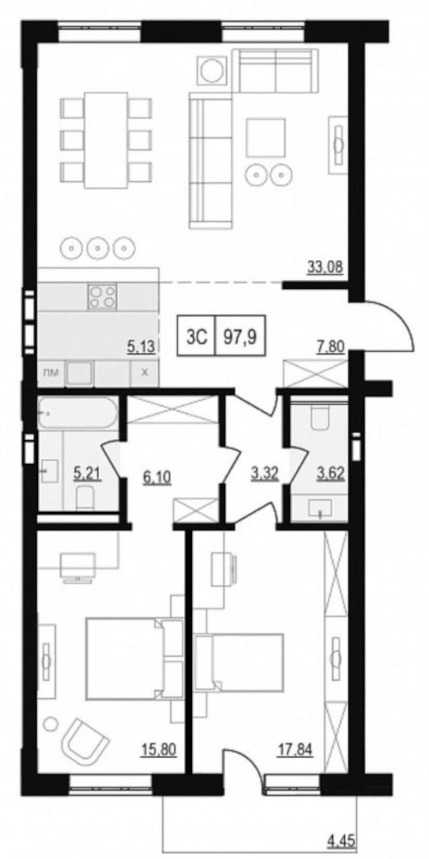 Планировка — Жуковка, 3-комн., 101 м²