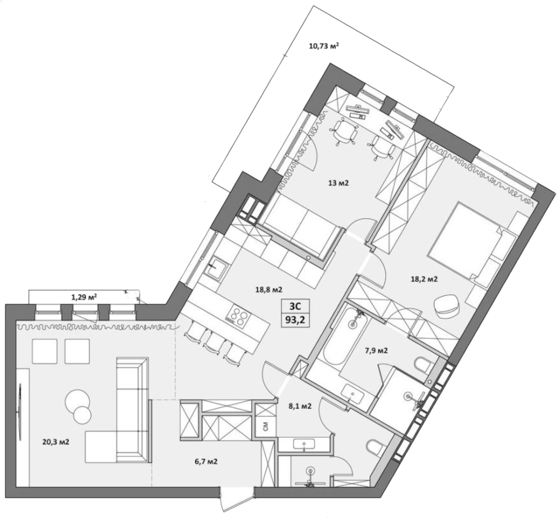 Планировка — Жуковка, 4-комн., 95 м²
