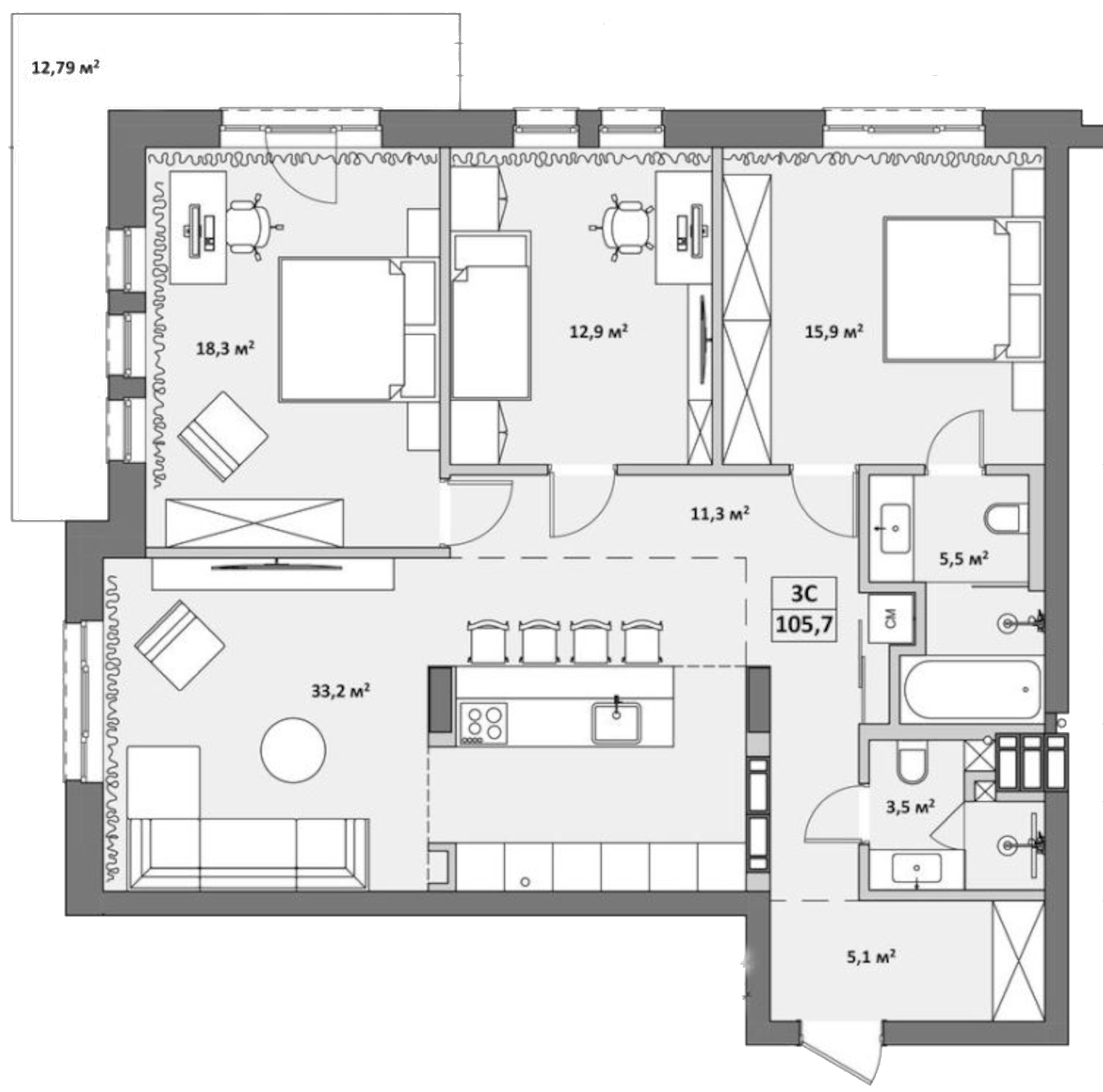 Планировка — Жуковка, 4-комн., 108 м²