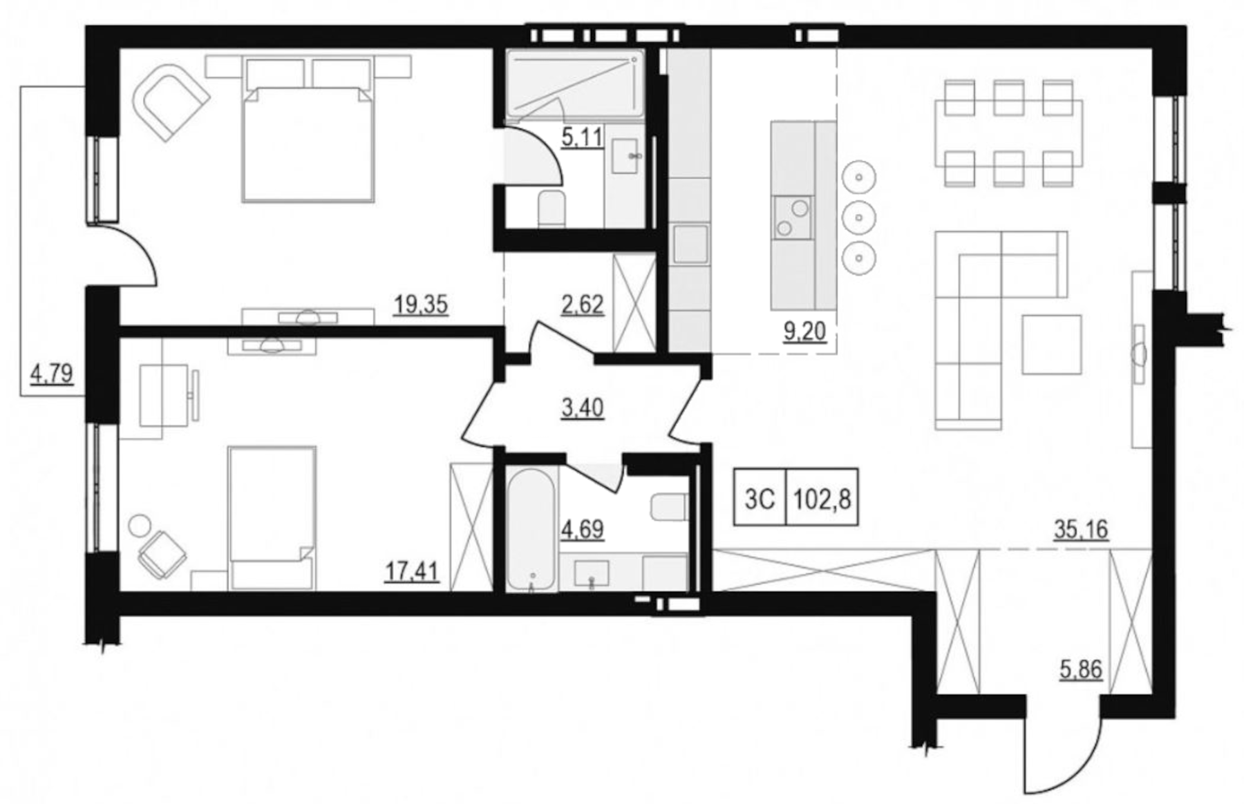 Планировка — Жуковка, 3-комн., 106 м²