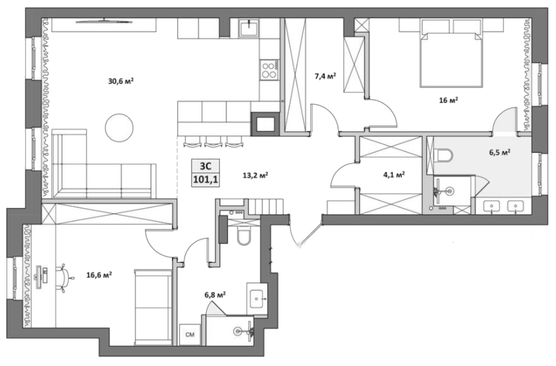 Планировка — Жуковка, 3-комн., 101 м²