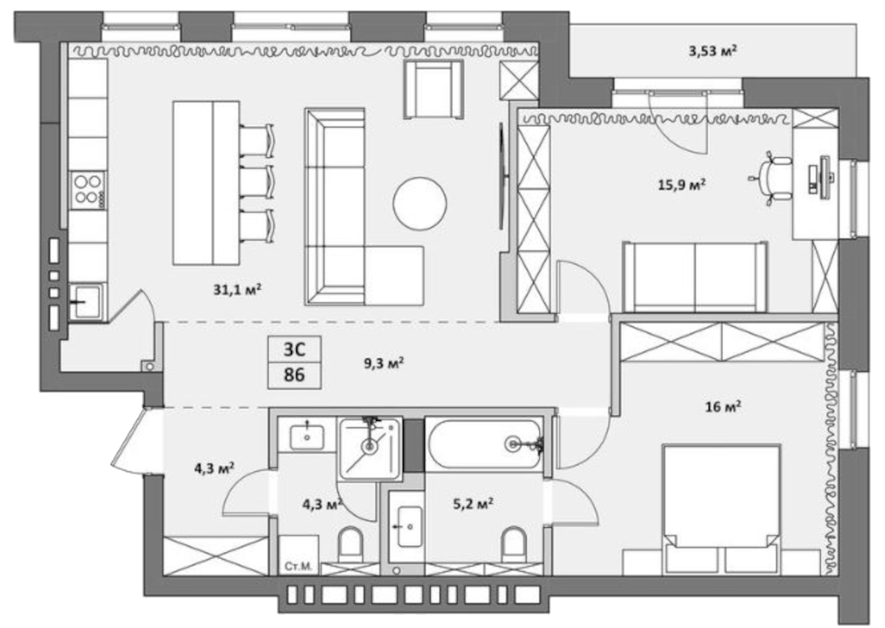 Планировка — Жуковка, 3-комн., 89 м²