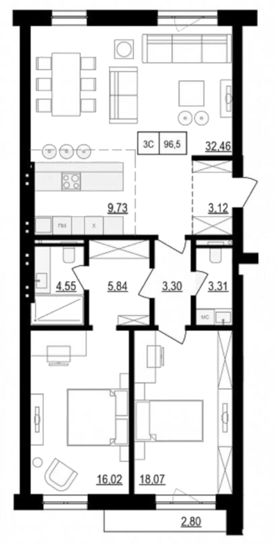 Планировка — Жуковка, 3-комн., 103 м²