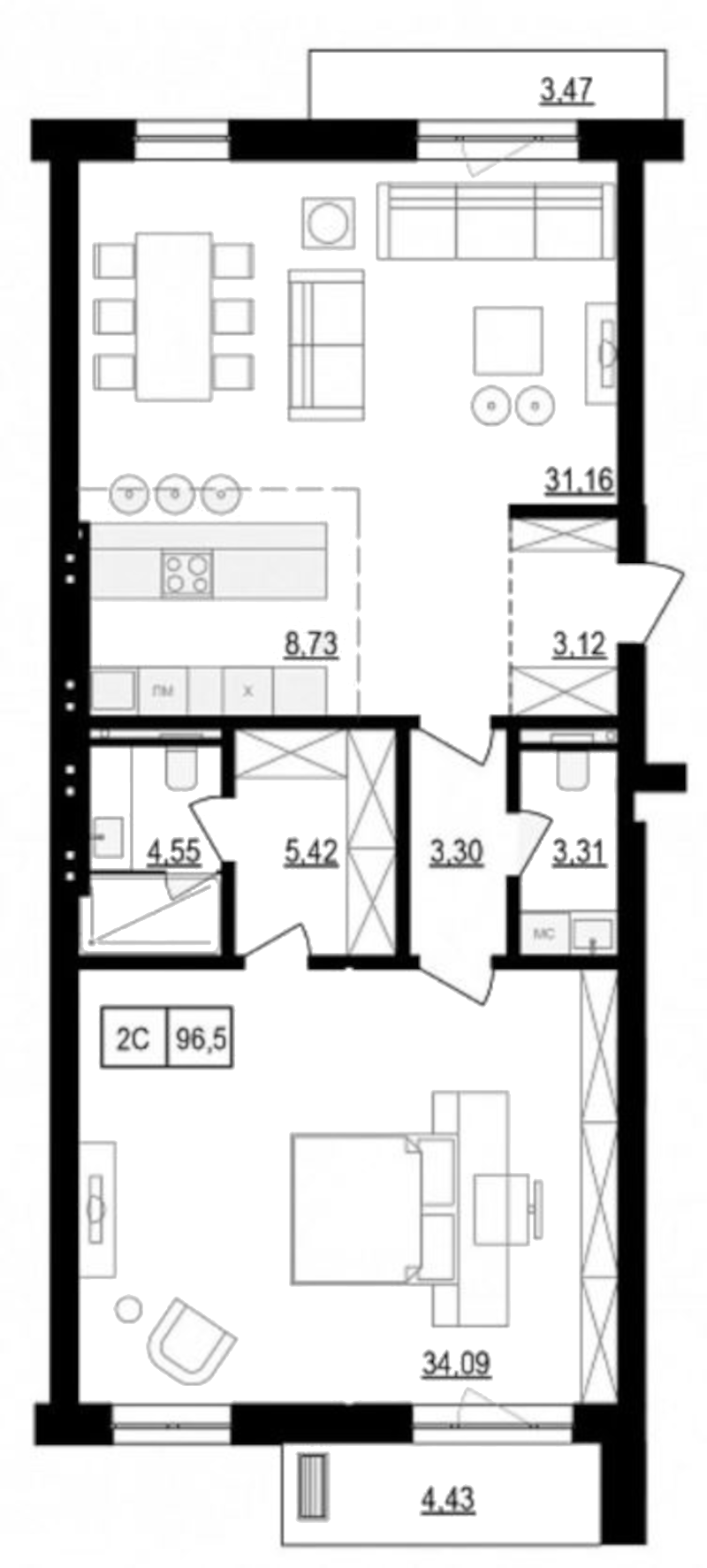 Планировка — Жуковка, 2-комн., 99 м²