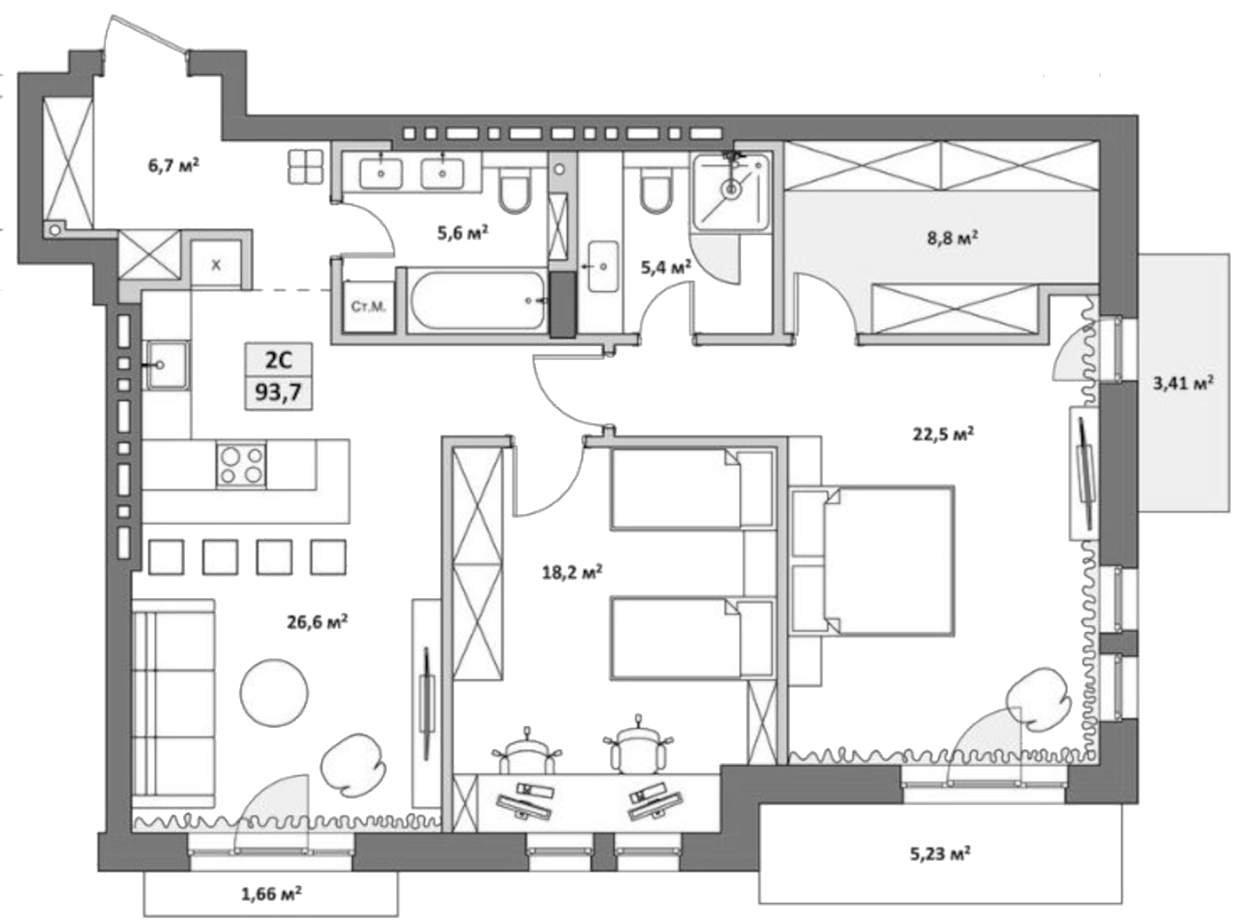 Планировка — Жуковка, 3-комн., 96 м²