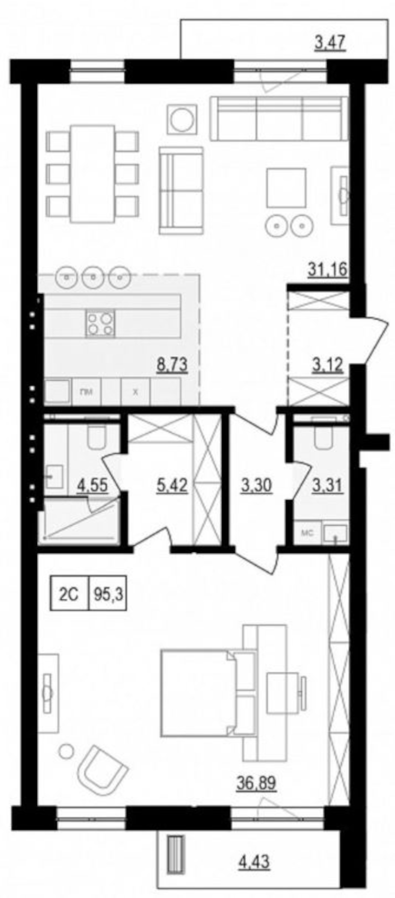 Планировка — Жуковка, 2-комн., 98 м²