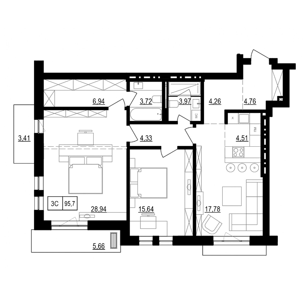 Планировка — Жуковка, 3-комн., 96 м²