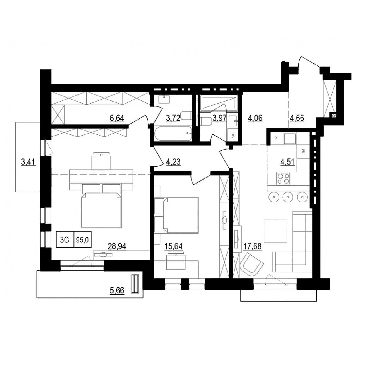 Планировка — Жуковка, 3-комн., 97 м²