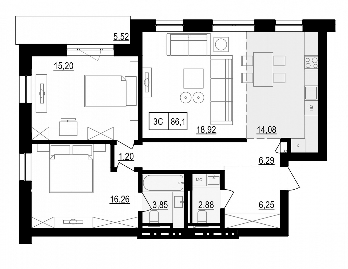 Планировка — Жуковка, 3-комн., 87 м²