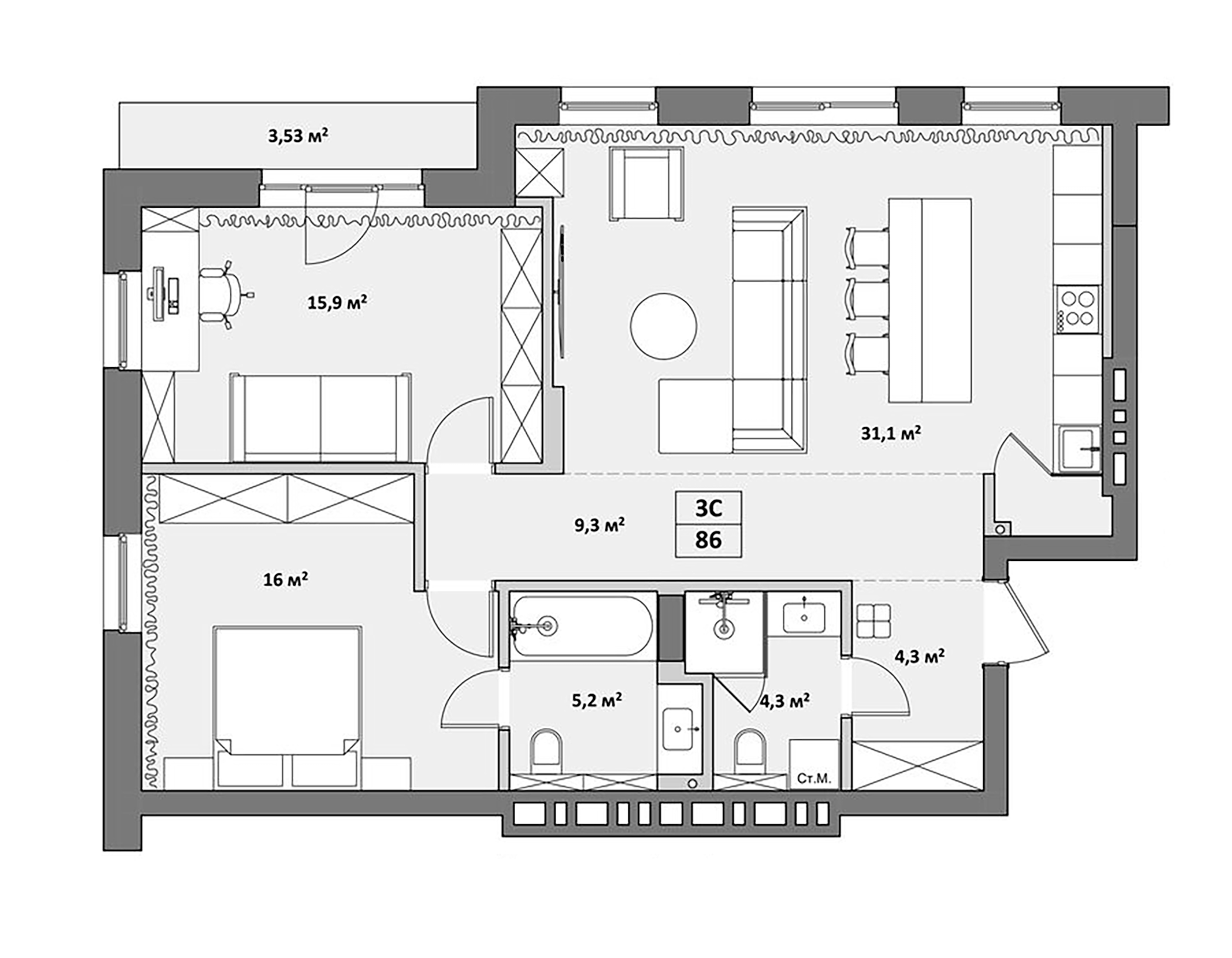 Планировка — Жуковка, 3-комн., 87 м²