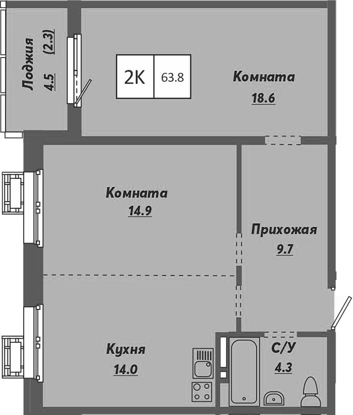 Планировка — Ежевика, 2-комн., 62 м²