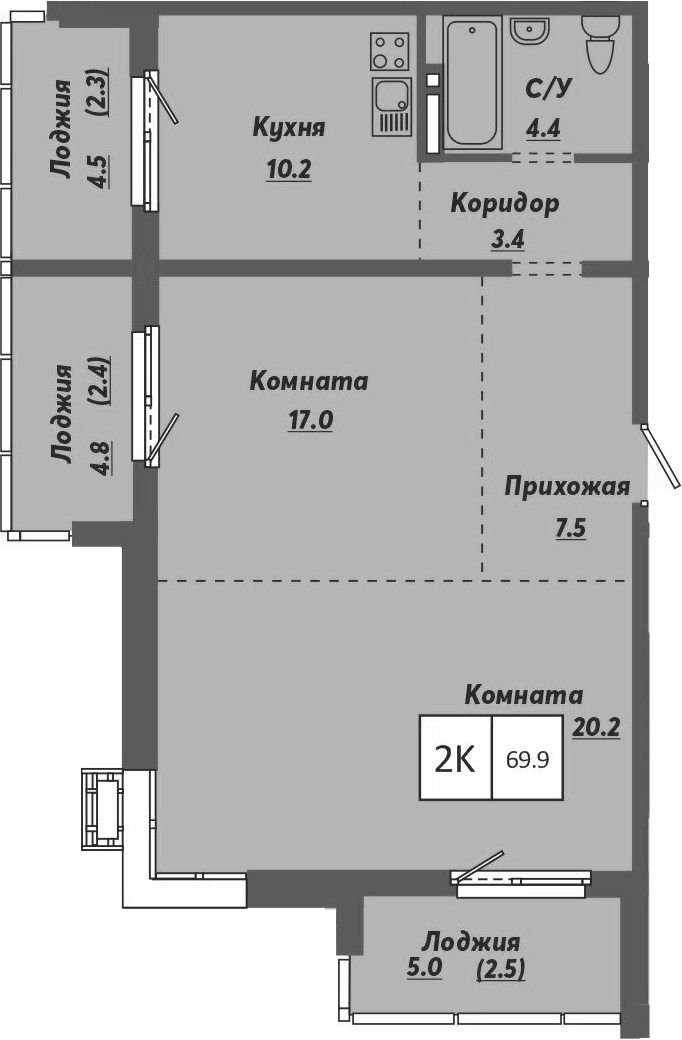 Планировка — Ежевика, 2-комн., 63 м²