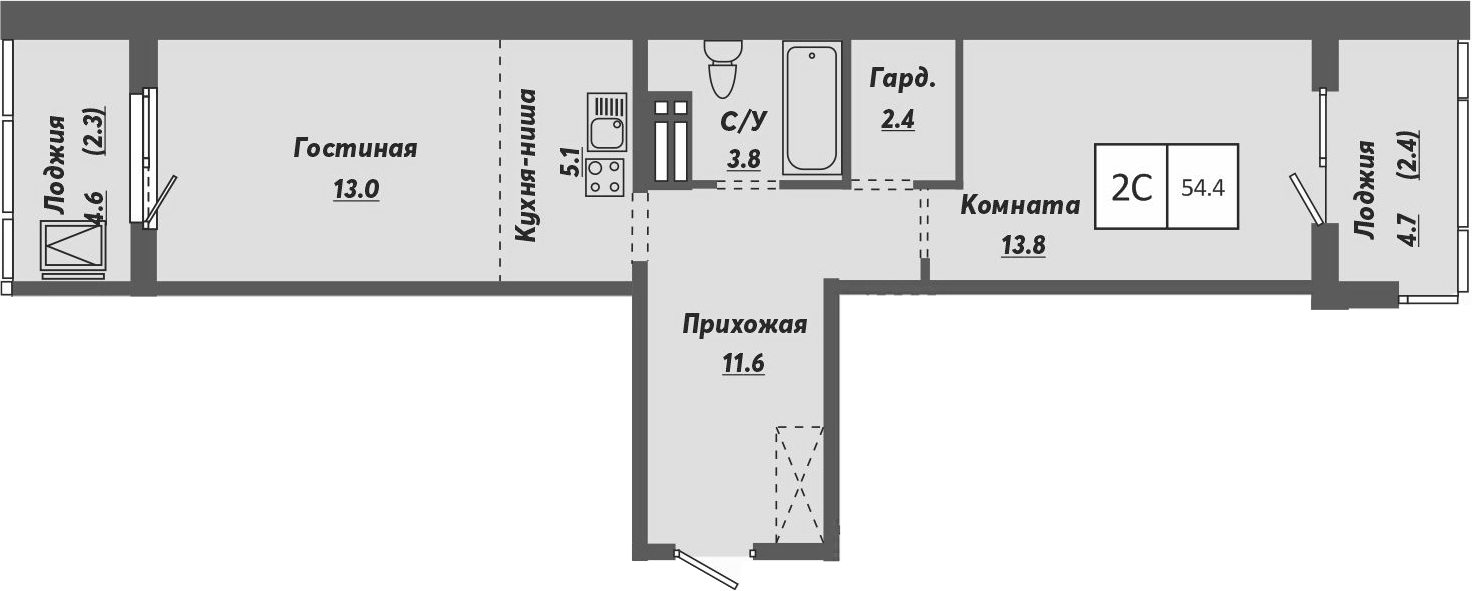 Планировка — Ежевика, 2-комн., 50 м²
