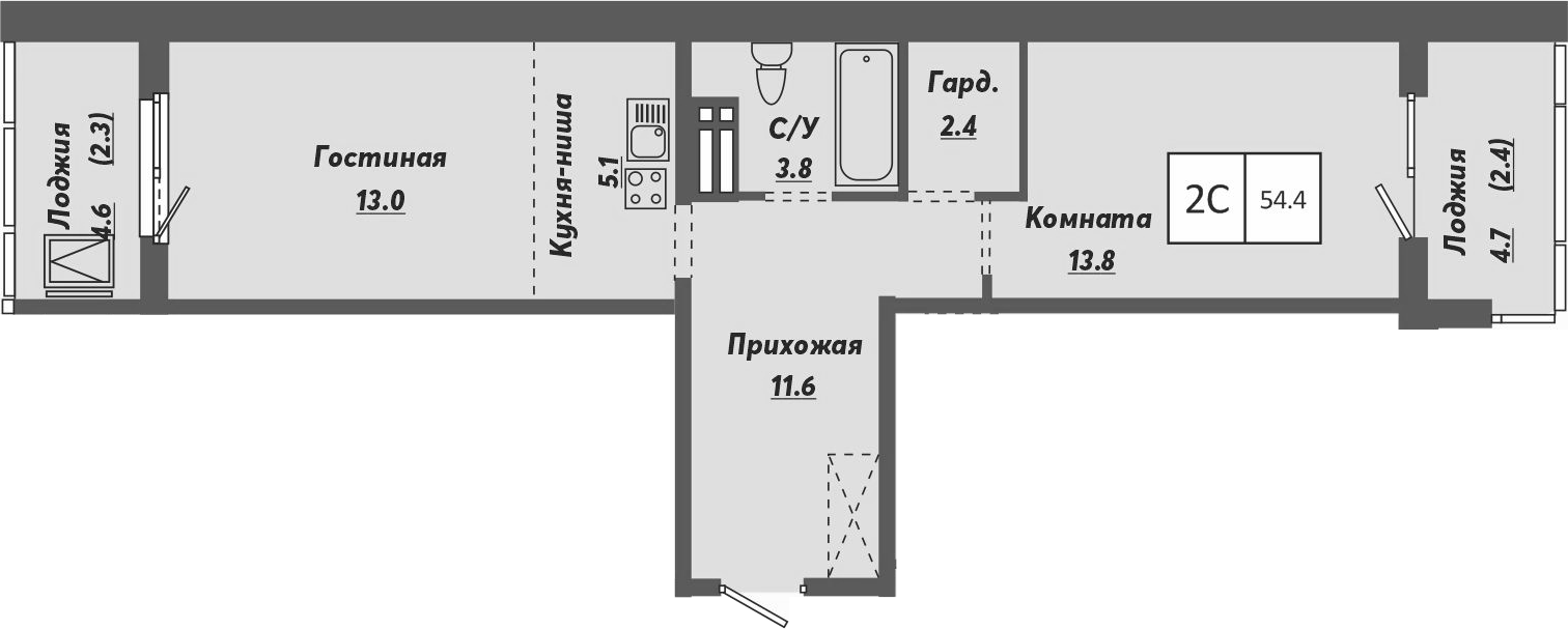 Планировка — Ежевика, 2-комн., 50 м²