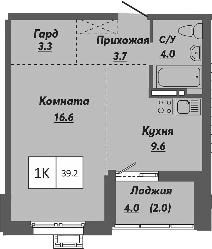Планировка — Ежевика, 1-комн., 37 м²