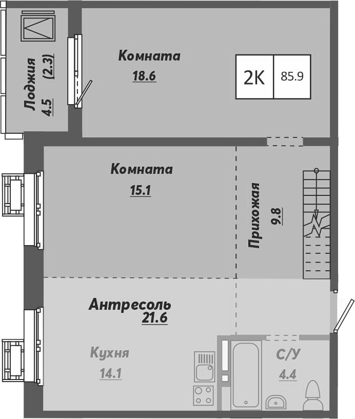 Планировка — Ежевика, 2-комн., 84 м²