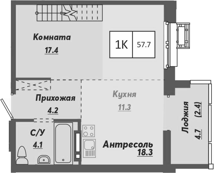 Планировка — Ежевика, 1-комн., 55 м²
