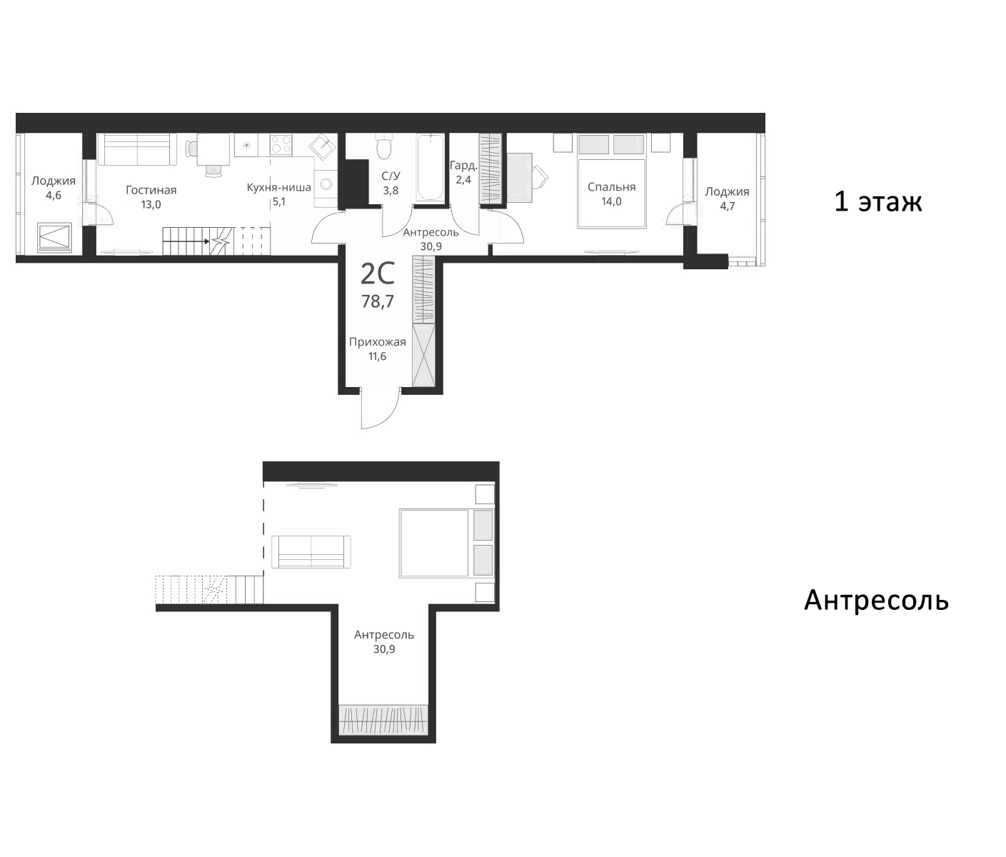 Планировка — Ежевика, 2-комн., 74 м²