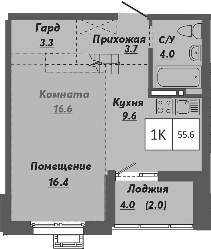Планировка — Ежевика, 1-комн., 54 м²