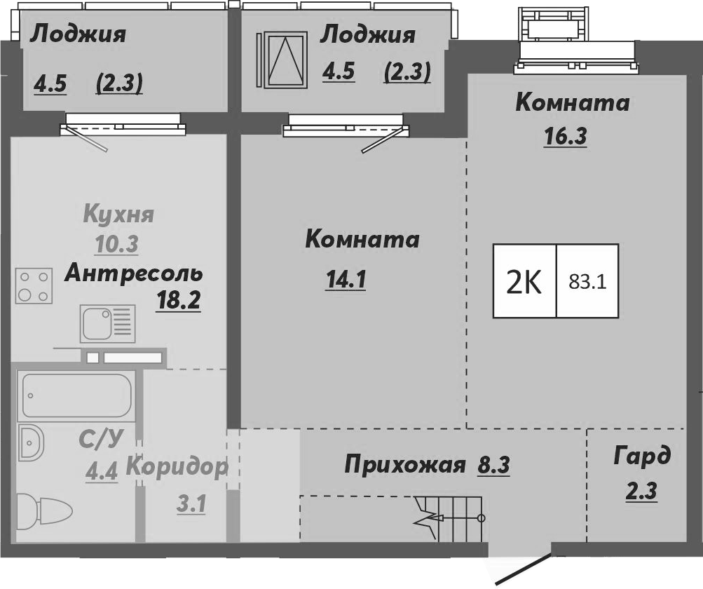 Планировка — Ежевика, 2-комн., 79 м²