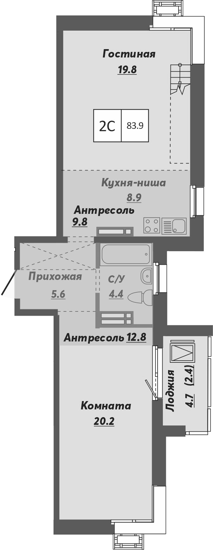 Планировка — Ежевика, 2-комн., 82 м²