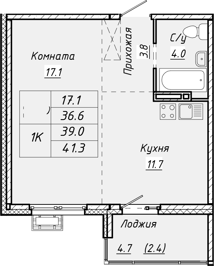 Планировка — Ежевика, 1-комн., 37 м²