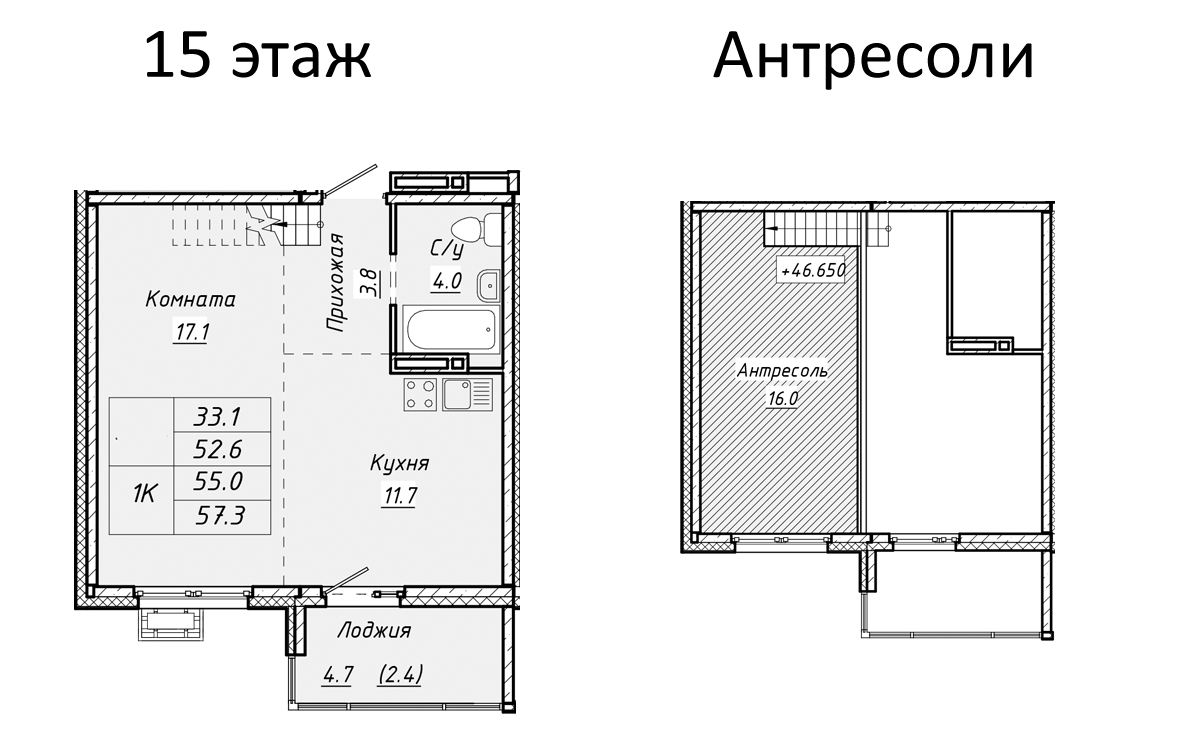 Планировка — Ежевика, 1-комн., 53 м²