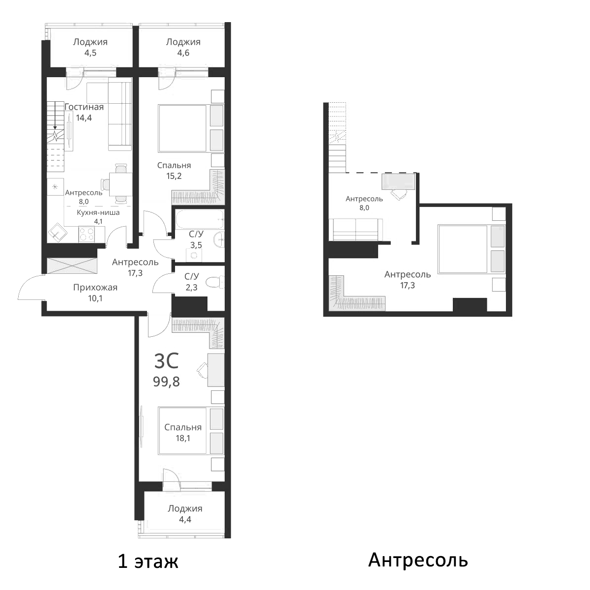 Планировка — Ежевика, 3-комн., 93 м²