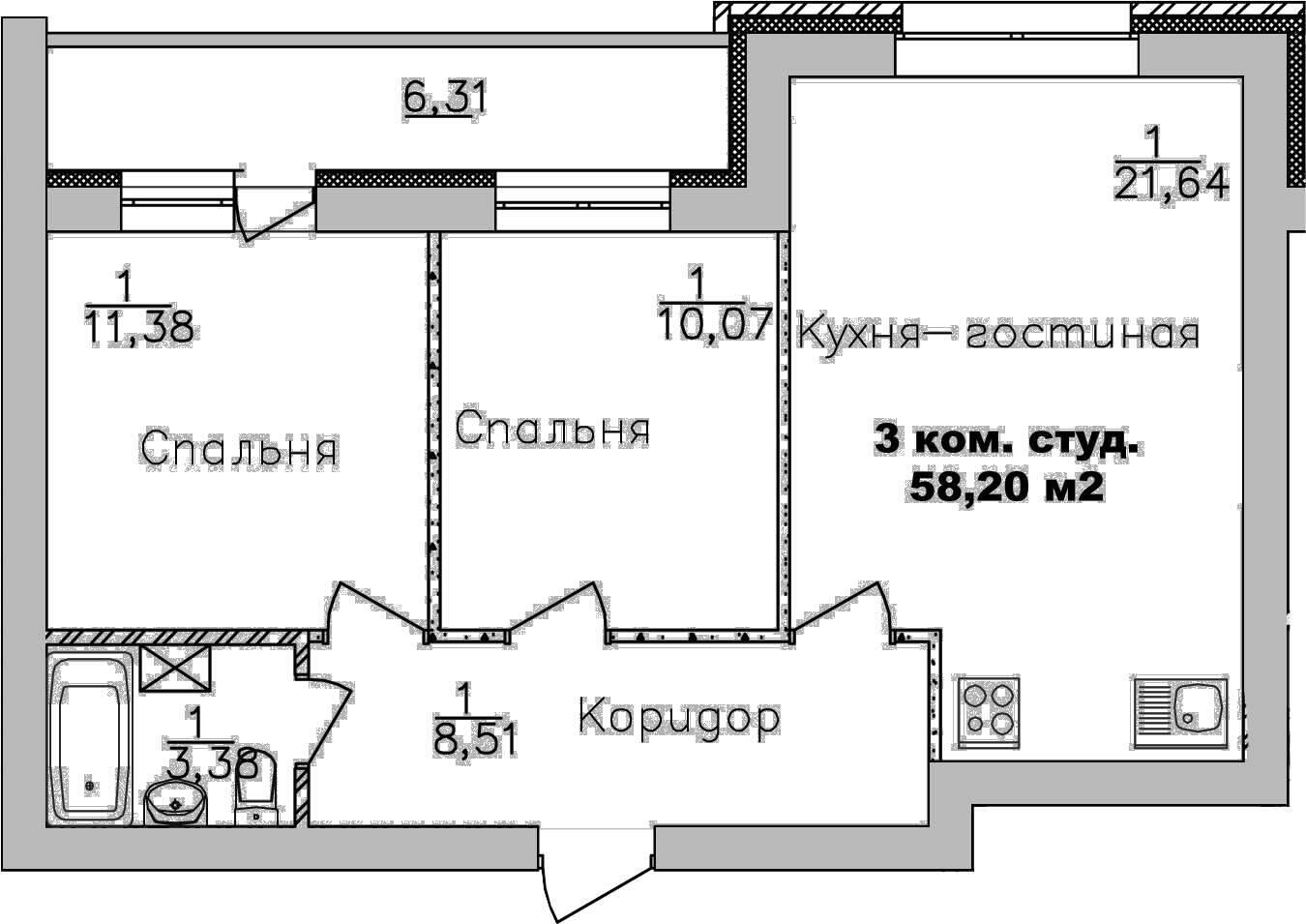 Планировка — Дивногорский, 3-комн., 55 м²