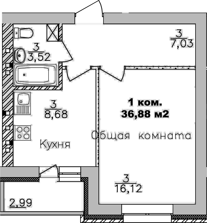 Планировка — Дивногорский, 1-комн., 35 м²