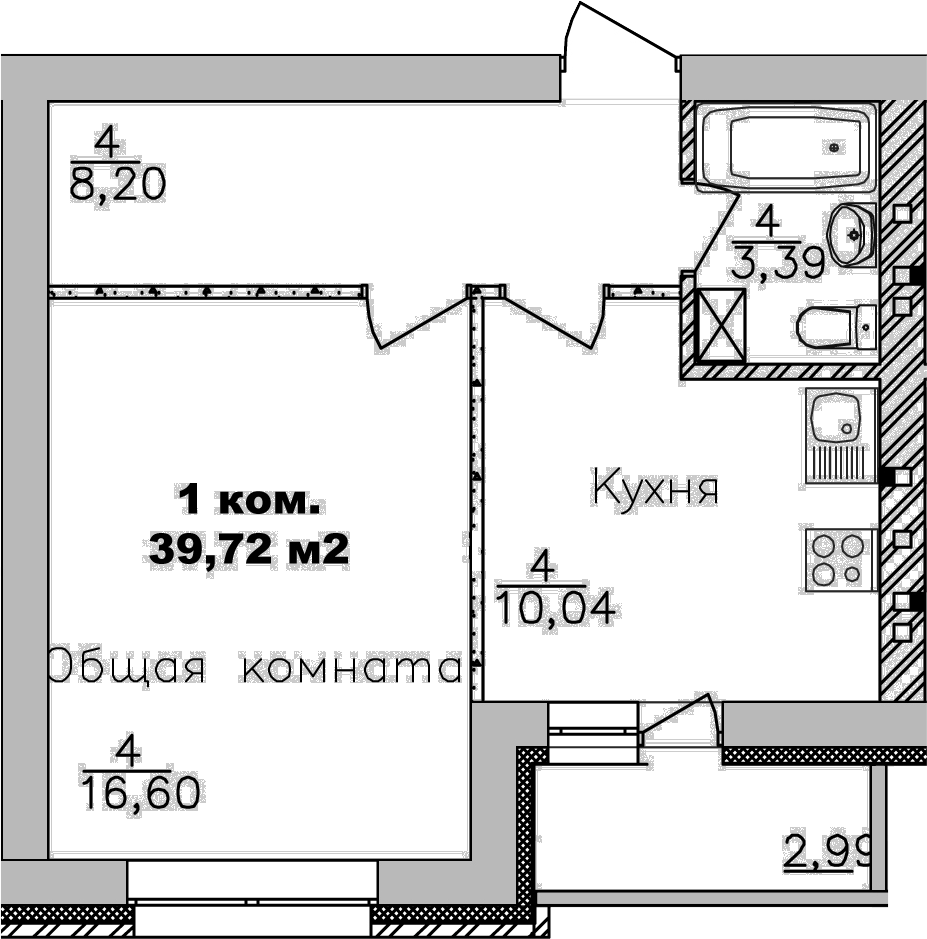 Планировка — Дивногорский, 1-комн., 38 м²