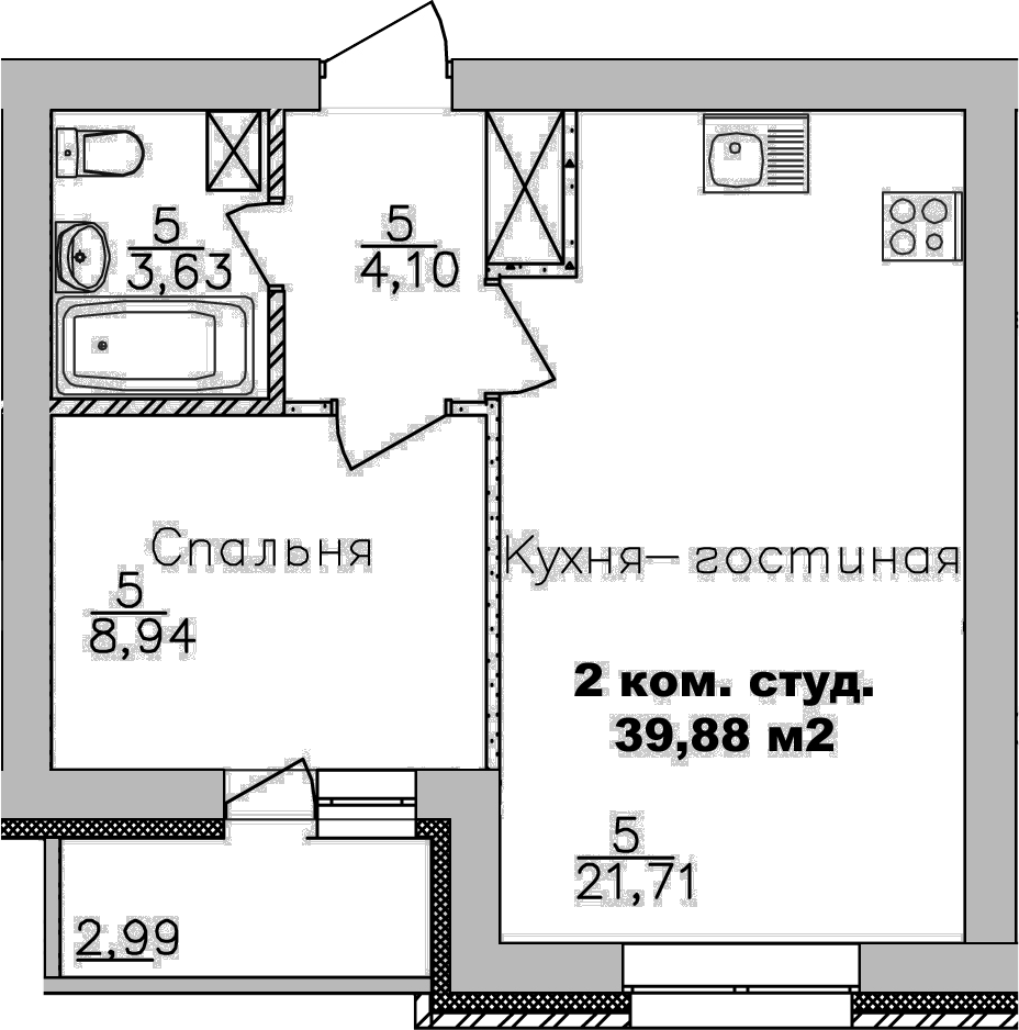 Планировка — Дивногорский, 2-комн., 38 м²
