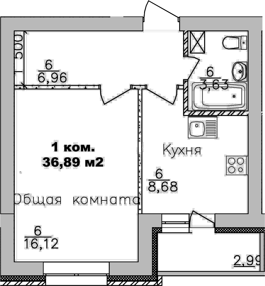 Планировка — Дивногорский, 1-комн., 35 м²