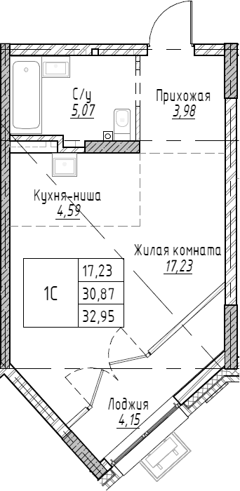 Планировка — Рафинад, Студия, 33 м²