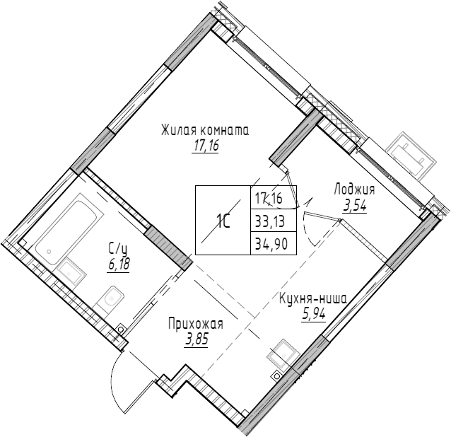 Планировка — Рафинад, Студия, 35 м²