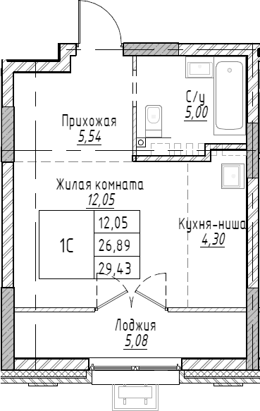 Планировка — Рафинад, Студия, 29 м²