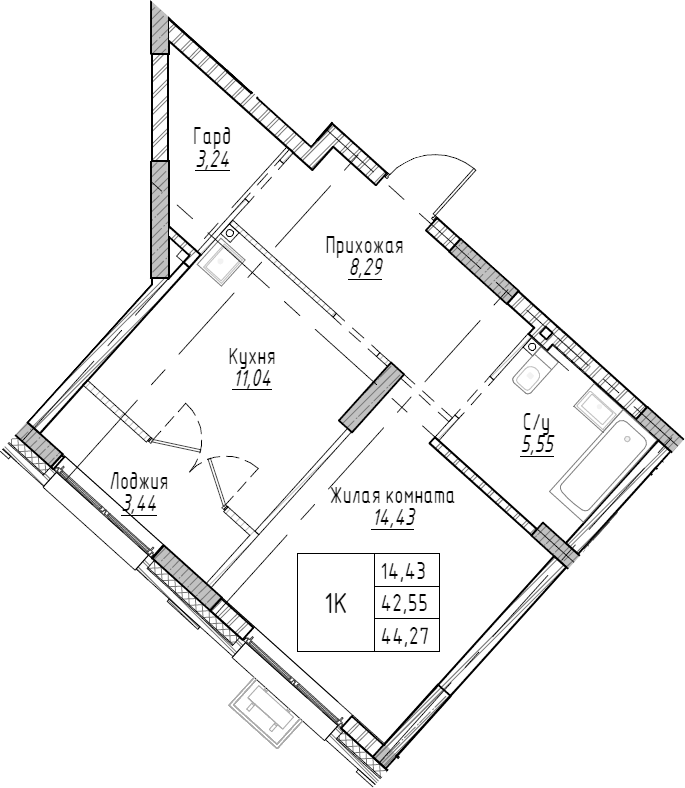 Планировка — Рафинад, 1-комн., 44 м²