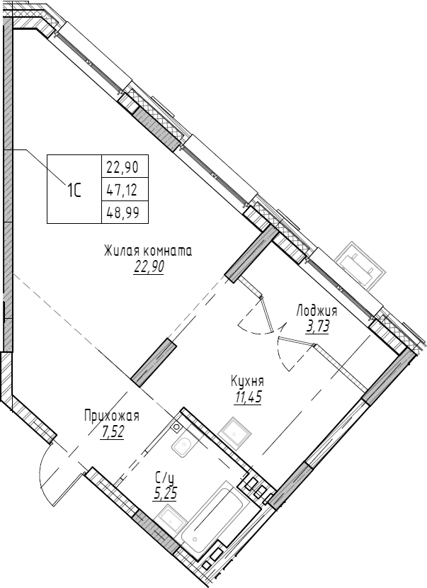 Планировка — Рафинад, 1-комн., 49 м²