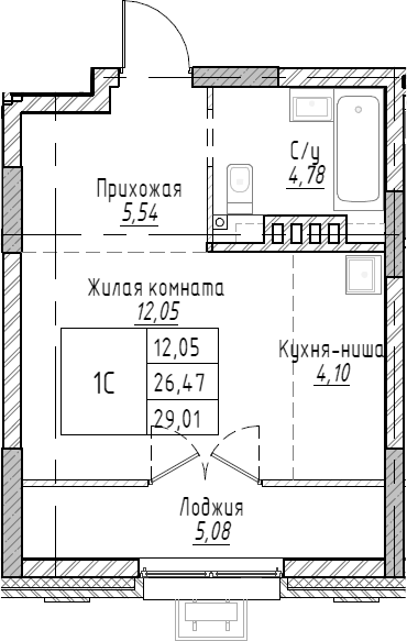 Планировка — Рафинад, Студия, 29 м²