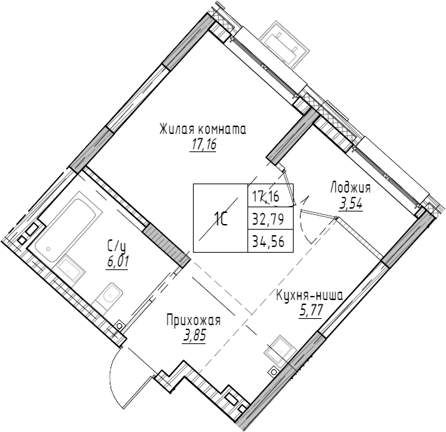 Планировка — Рафинад, Студия, 35 м²