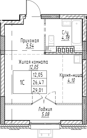 Планировка — Рафинад, Студия, 29 м²