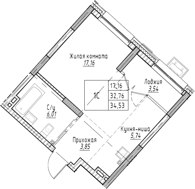 Планировка — Рафинад, Студия, 35 м²