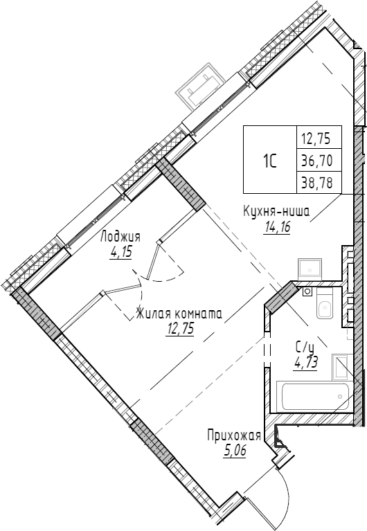 Планировка — Рафинад, Студия, 39 м²