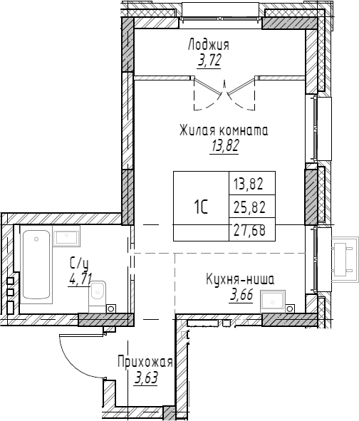 Планировка — Рафинад, Студия, 28 м²