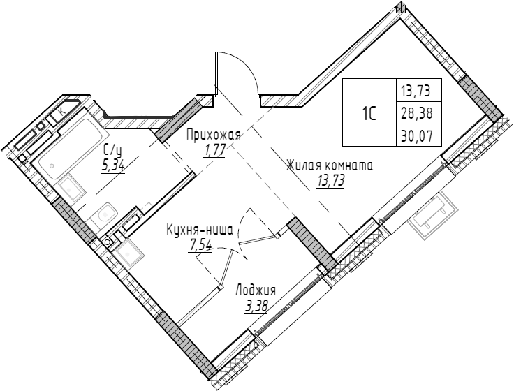 Планировка — Рафинад, Студия, 30 м²