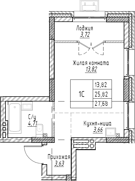 Планировка — Рафинад, Студия, 28 м²