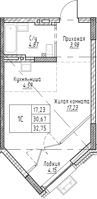 Планировка — Рафинад, Студия, 33 м²