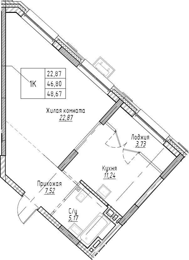 Планировка — Рафинад, 1-комн., 49 м²